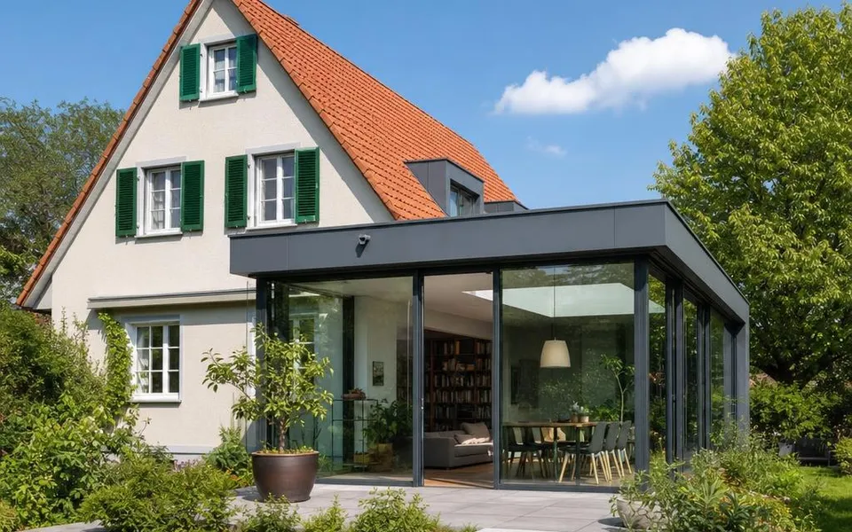 Fertigbau-Anbau 2026 mit Glasfront am Bestandshaus – Kosten für die Wohnraumerweiterung Fertigbau-Anbau 2026 mit Glasfront am Bestandshaus – Kosten für die Wohnraumerweiterung