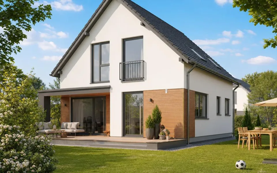 Einfamilienhaus als Fertighaus 2026 mit Satteldach – Preisbeispiel schlüsselfertig Einfamilienhaus als Fertighaus 2026 mit Satteldach – Preisbeispiel schlüsselfertig