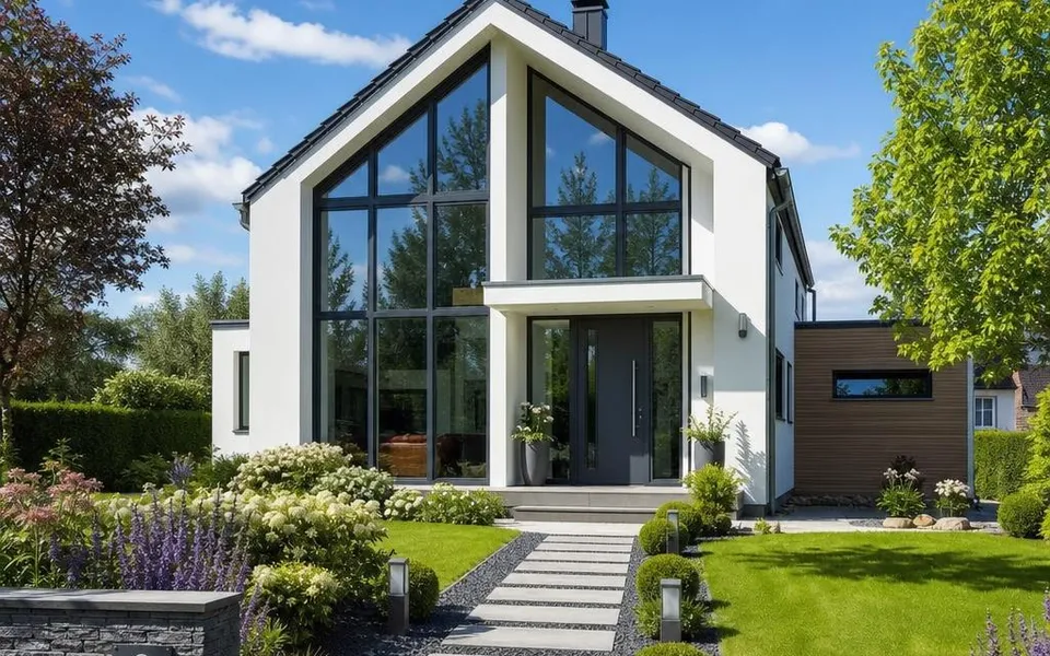 Schlüsselfertiges Fertighaus 2026 mit Glasfront am Abend – Preisrahmen für die bezugsfertige Übergabe Schlüsselfertiges Fertighaus 2026 mit Glasfront am Abend – Preisrahmen für die bezugsfertige Übergabe