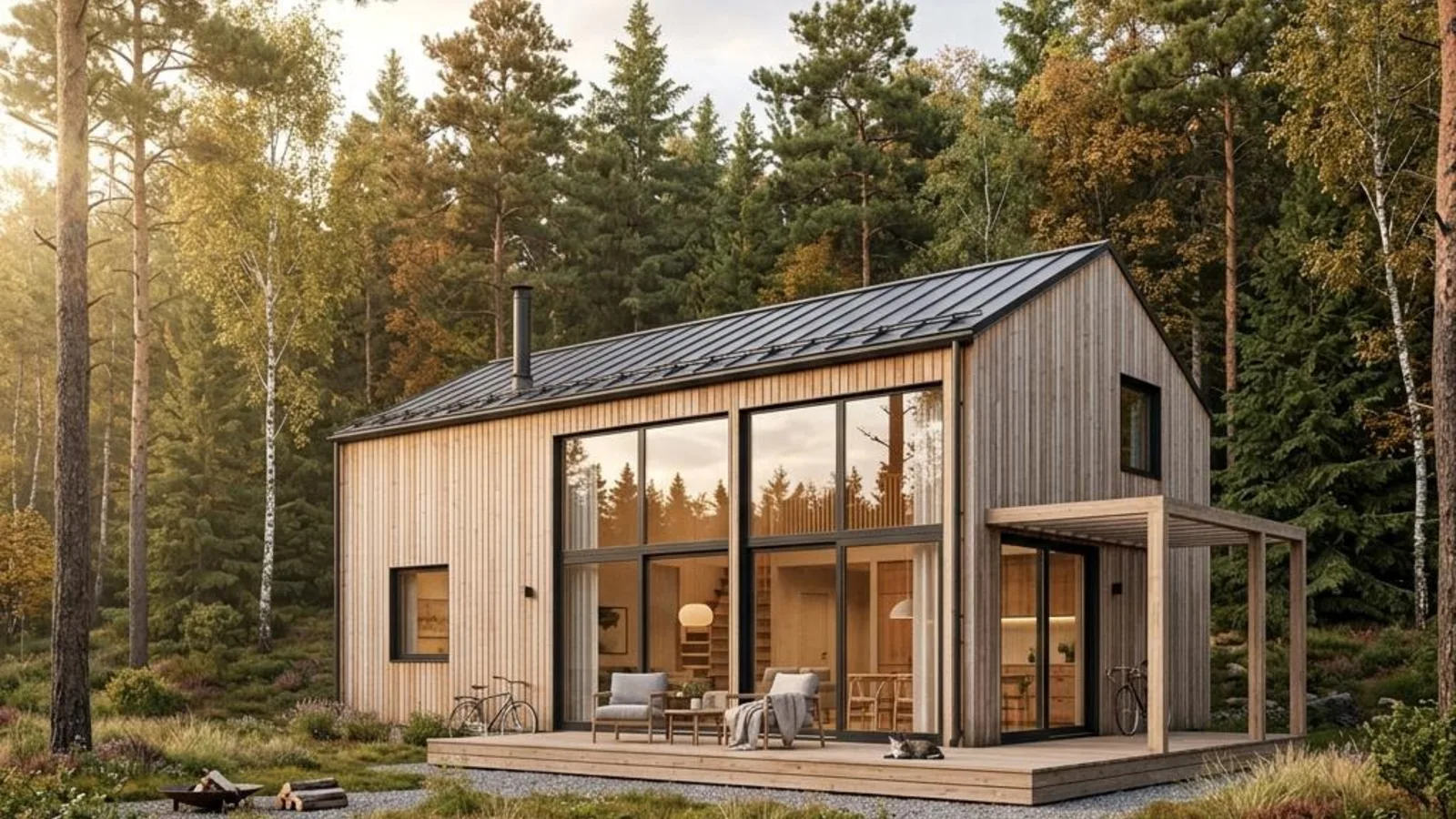 Fertighaus Preise vergleichen: modernes Haus mit Holzfassade und großen Fenstern Modernes Fertighaus mit heller Holzfassade und bodentiefen Fenstern als Beispiel für Fertighaus Preise pro Quadratmeter