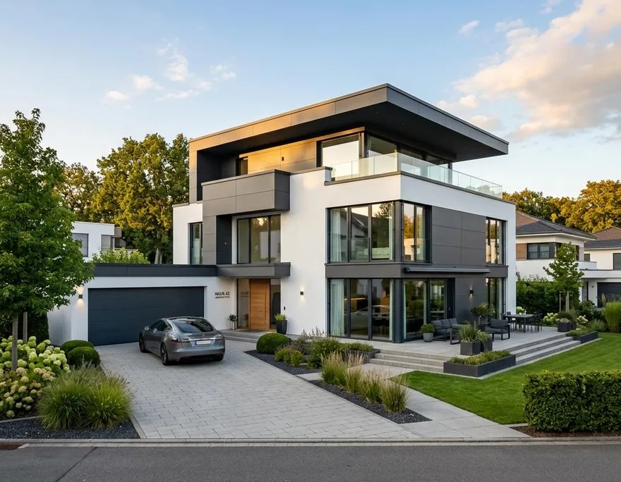 Stadtvilla Fertighaus: Preise 2026 vergleichen Moderne Stadtvilla als Fertighaus mit Walmdach und großer Glasfront – Stadtvilla Preise 2026 im Vergleich